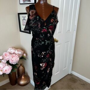 Black Midi Dress with Floral Pattern